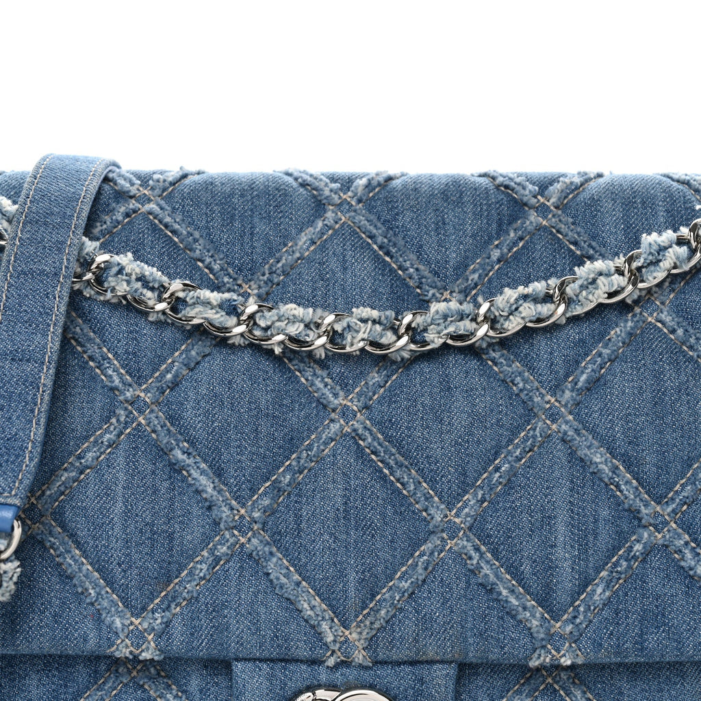 Chanel Frayed Denim Quilted Large Blue Chip Flap Blue