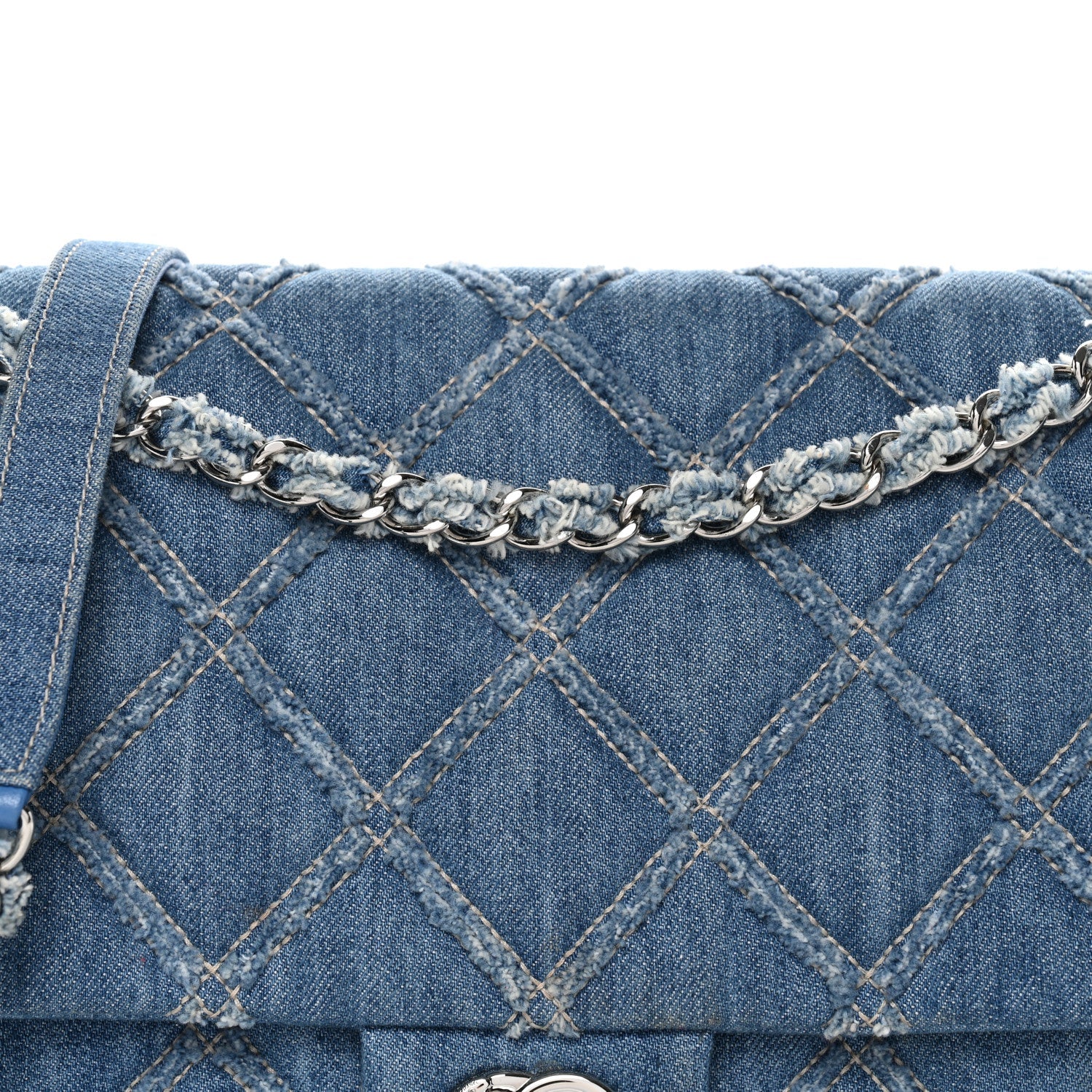 Chanel Frayed Denim Quilted Large Blue Chip Flap Blue