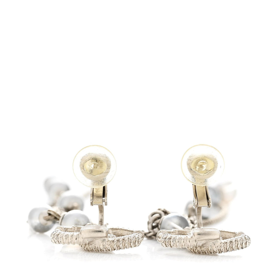 Metal Chain Pearl CC Drop Clip On Earrings Silver