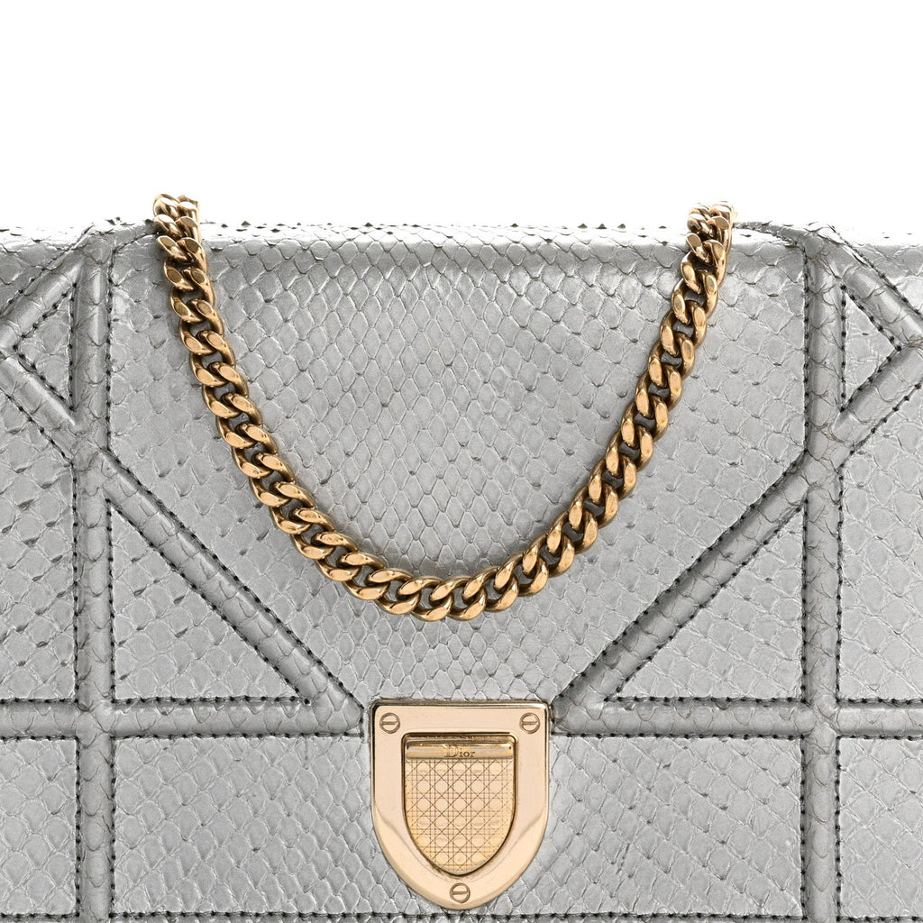 Christian Dior Snakeskin Diorama Wallet on Chain Pouch Silver