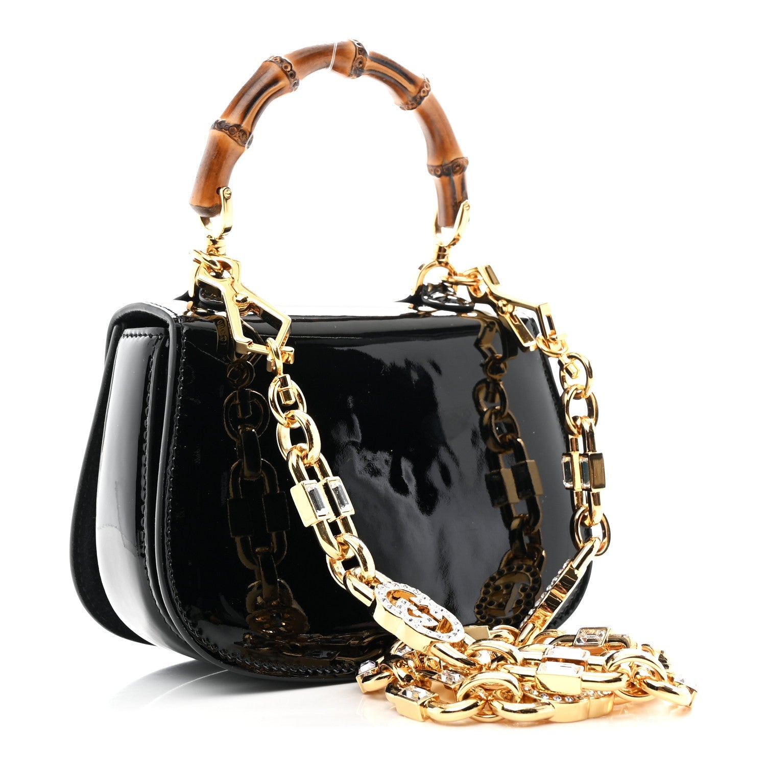 Gucci Patent Crystal Mini Bamboo 1947 Top Handle Chain Bag Black