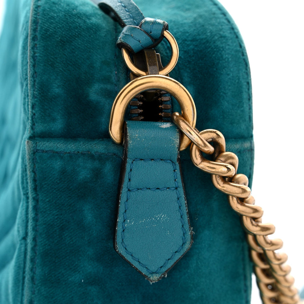 Gucci Velvet Matelasse Small GG Marmont Chain Shoulder Bag Pavone Cyan