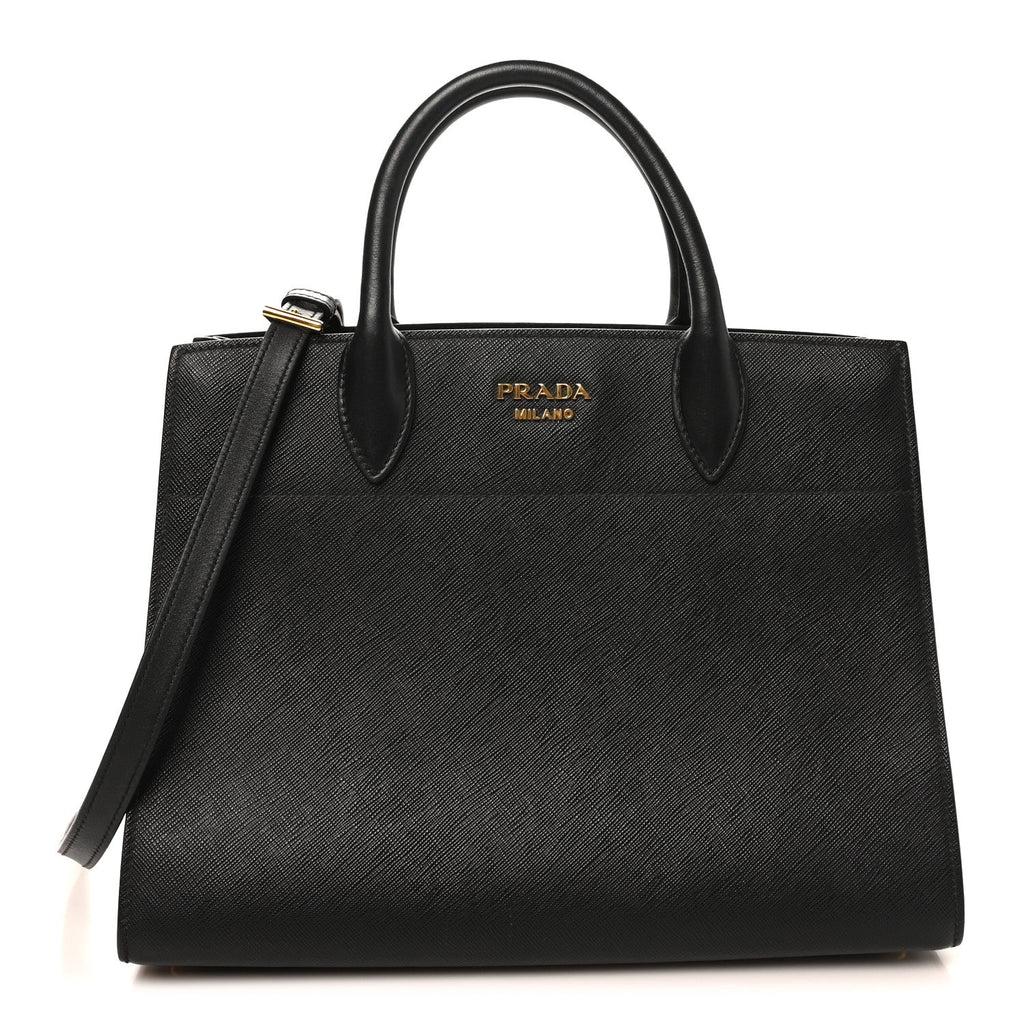 Prada Saffiano City Calfskin Medium Bibliothèque Top Handle Black Fuoco