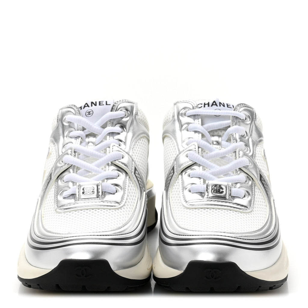 Fabric Laminated Calfskin Stretch CC Sneakers 39.5 White Silver