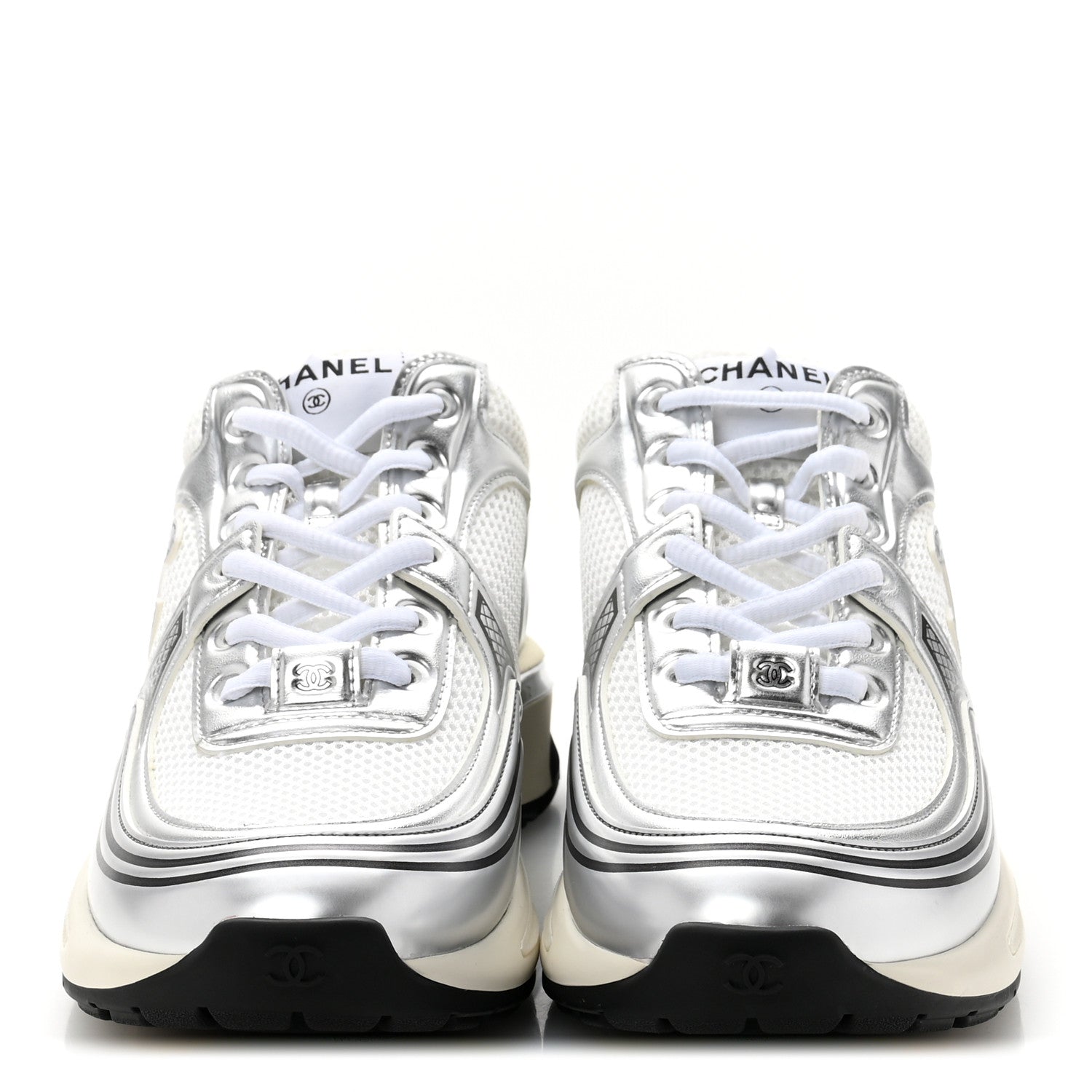 Fabric Laminated Calfskin Stretch CC Sneakers 39.5 White Silver