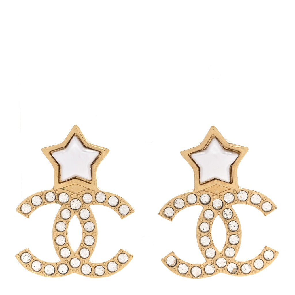 Metal Crystal Pearl CC Star Earrings Gold Pearly White