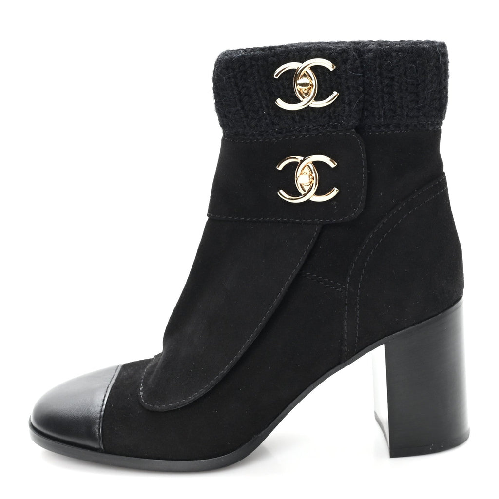 Chanel Suede Lambskin Knit CC Short Boots 39 Black