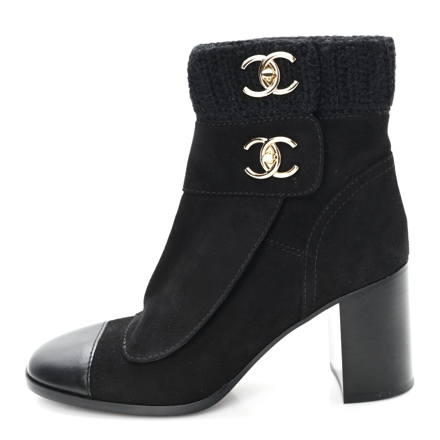 Chanel Suede Lambskin Knit CC Short Boots 39 Black