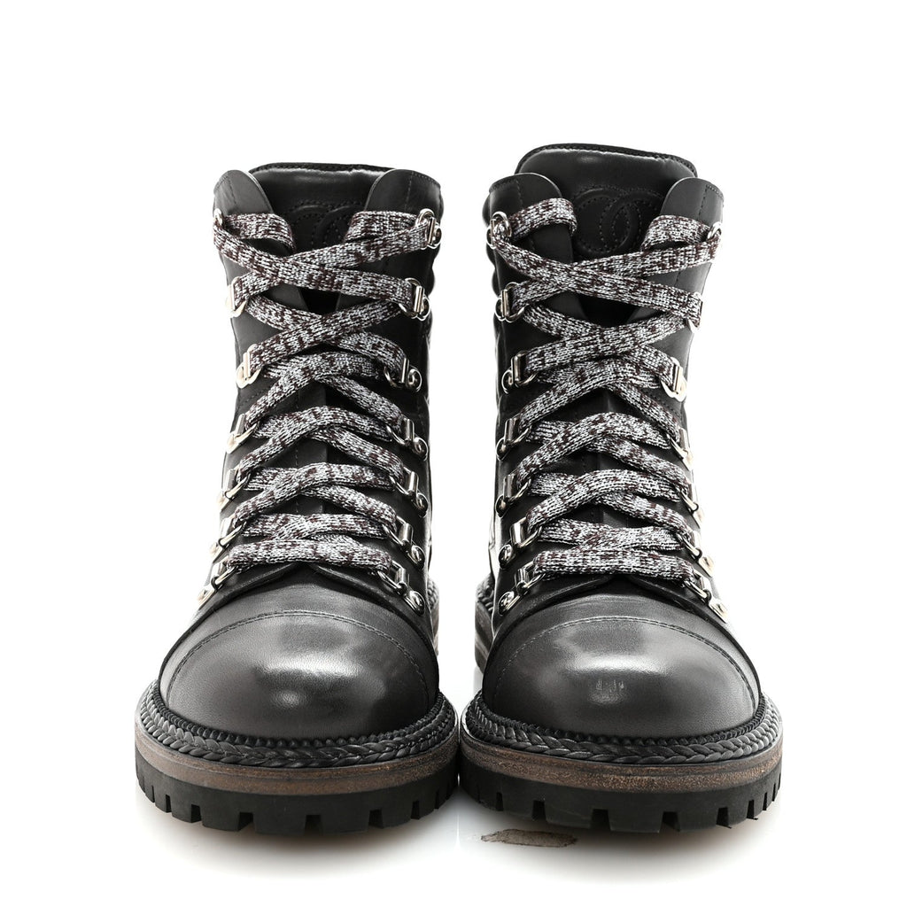 Lambskin Quilted Lace Up Boots 35.5 Grey