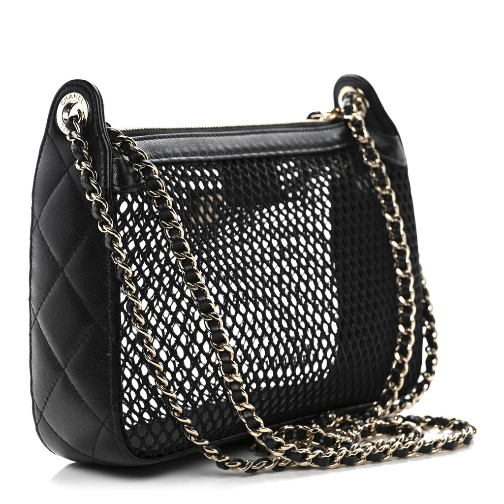 Chanel Mesh Shiny Lambskin Clutch With Chain Black