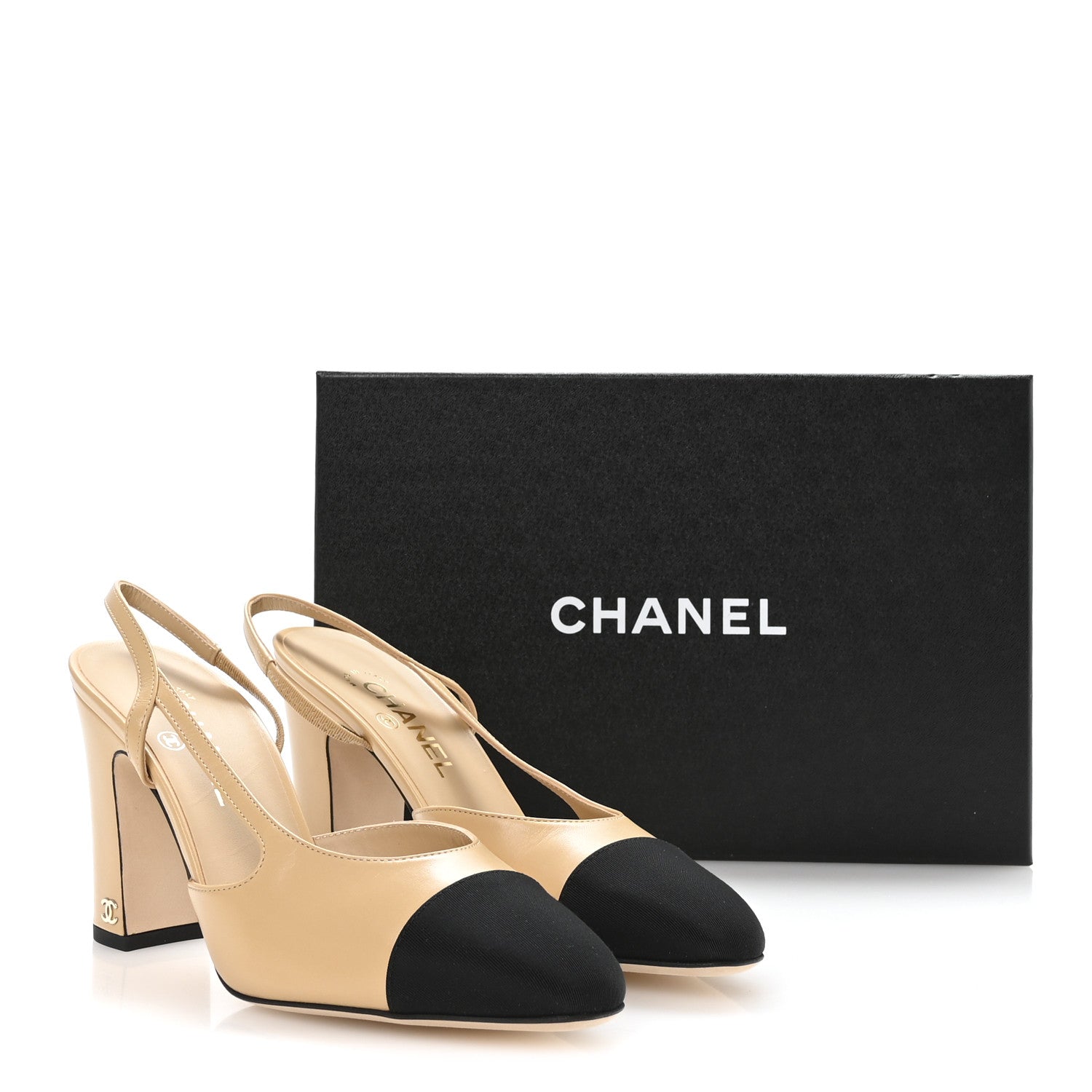Goatskin Grosgrain Cap Toe CC Slingback Pumps 40 Beige Black