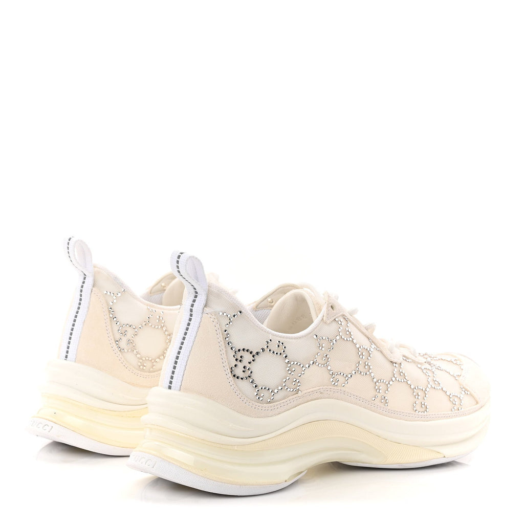Gucci Tela Retino Mesh Crystal Suede GG Monogram Womens Gucci Run Sneakers 37.5 Off White Silver
