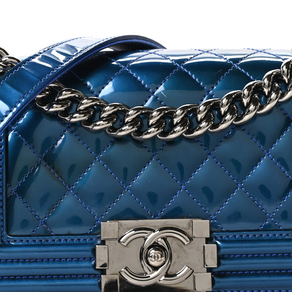 Chanel Metallic Patent Calfskin Quilted Small Boy Flap Blue