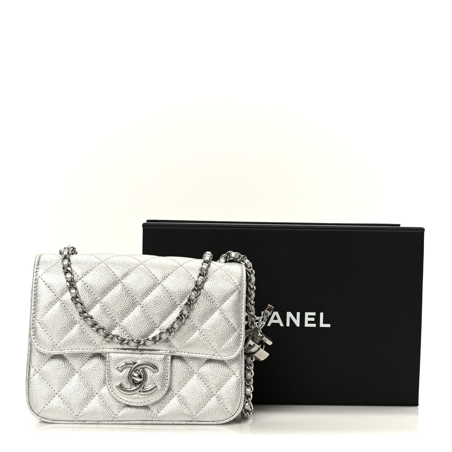 Chanel Metallic Caviar Quilted Mini Square CC Slide Flap Silver