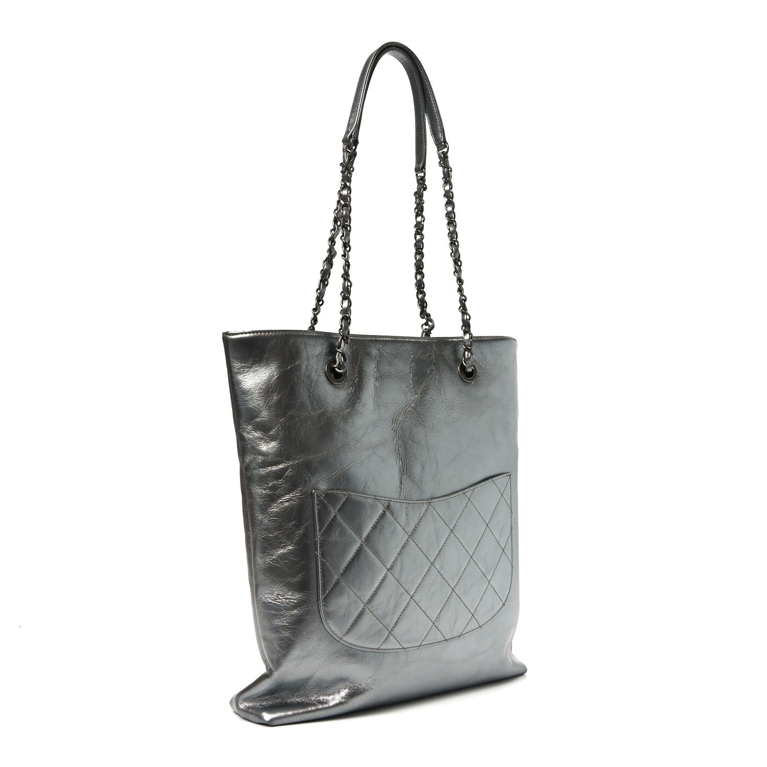 Chanel Metallic Crumpled Calfskin Chain 20s Signe Tote Silver