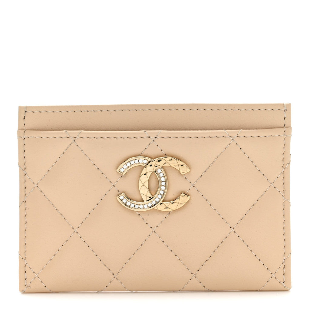Lambskin Quilted Crystal CC Card Holder Beige