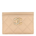 Lambskin Quilted Crystal CC Card Holder Beige