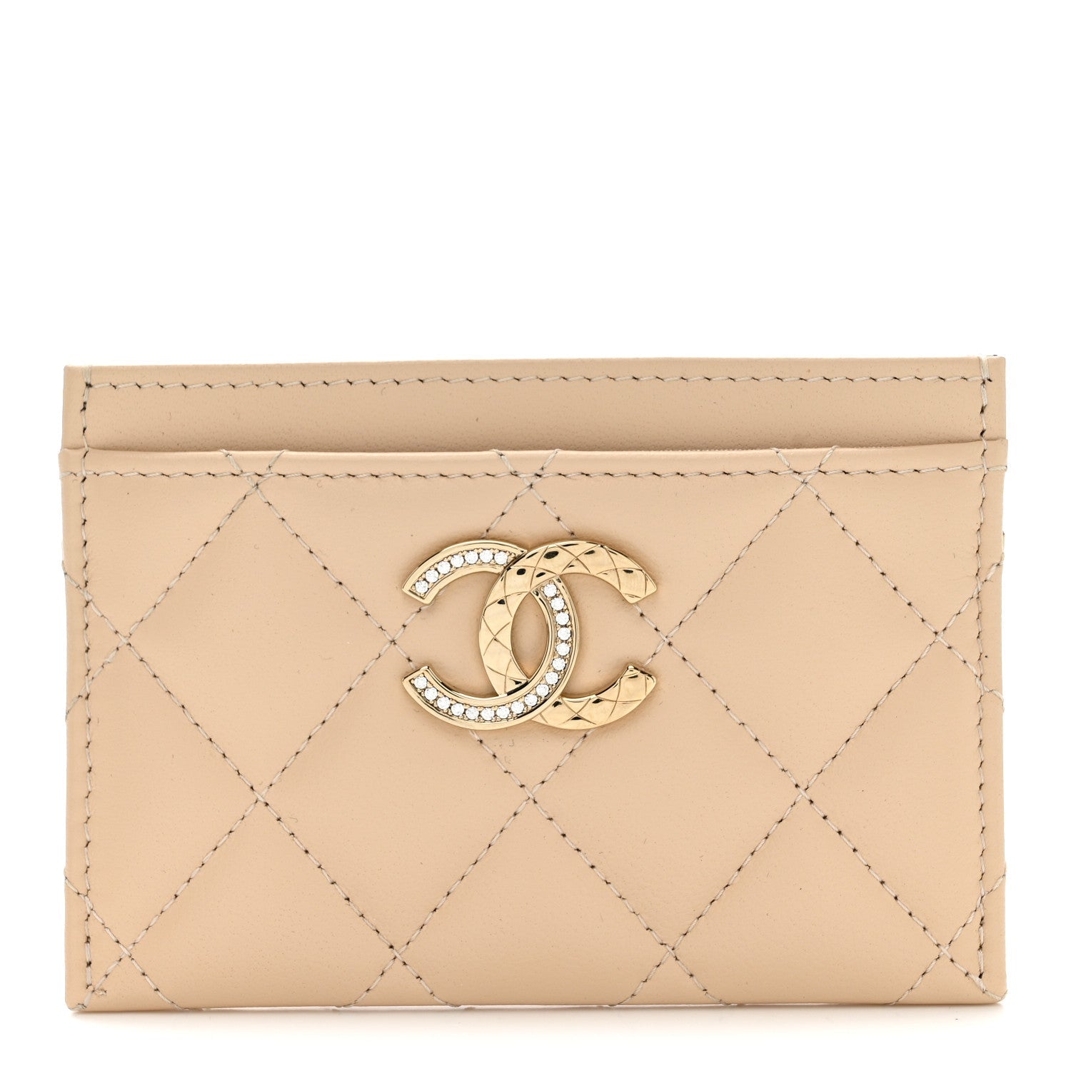 Lambskin Quilted Crystal CC Card Holder Beige