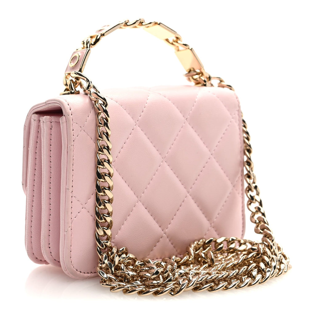 Chanel Lambskin Quilted Pick Me Up Clutch With Chain Pink