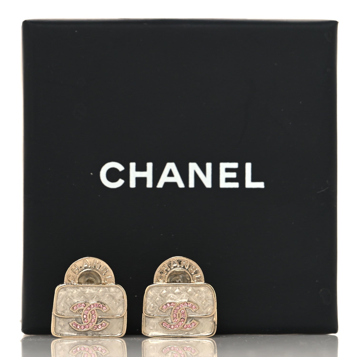 Metal Crystal Resin CC Top Handle Bag Clip On Earrings Pink White Gold