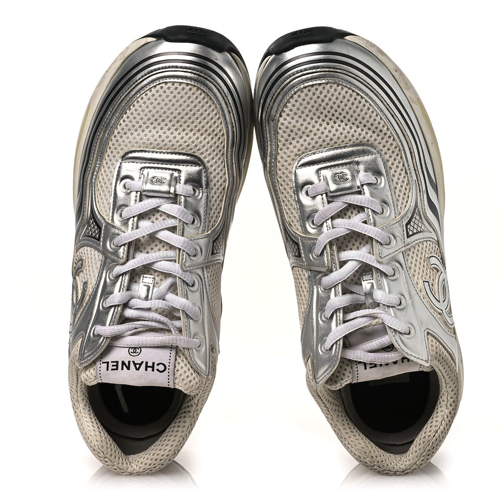Fabric Laminated Calfskin Stretch CC Sneakers 39.5 White Silver