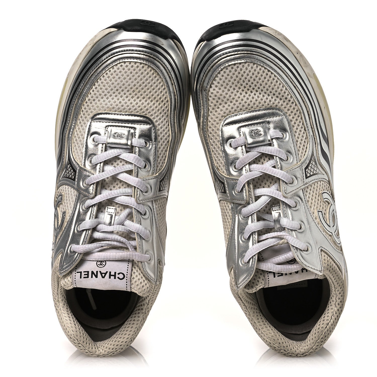 Fabric Laminated Calfskin Stretch CC Sneakers 39.5 White Silver