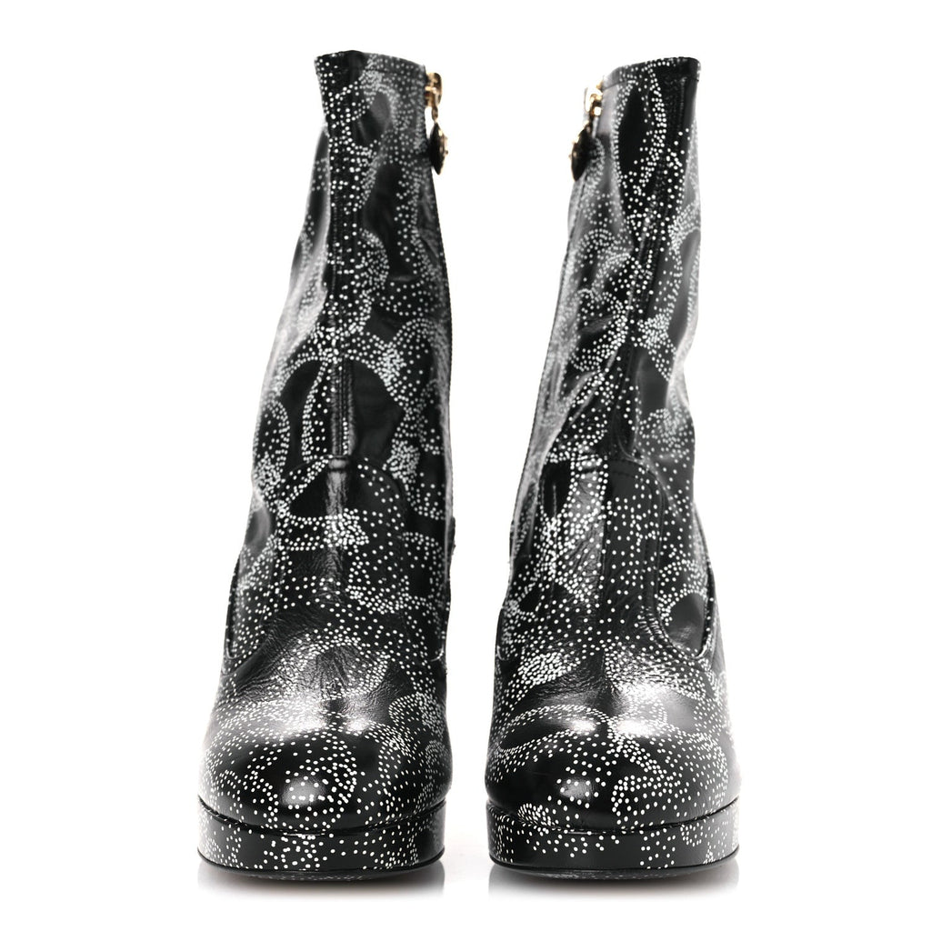 Calfskin Camellia Printed Ankle Boots 38.5 Black White