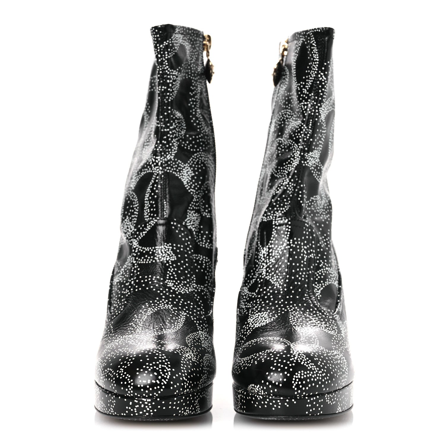 Calfskin Camellia Printed Ankle Boots 38.5 Black White