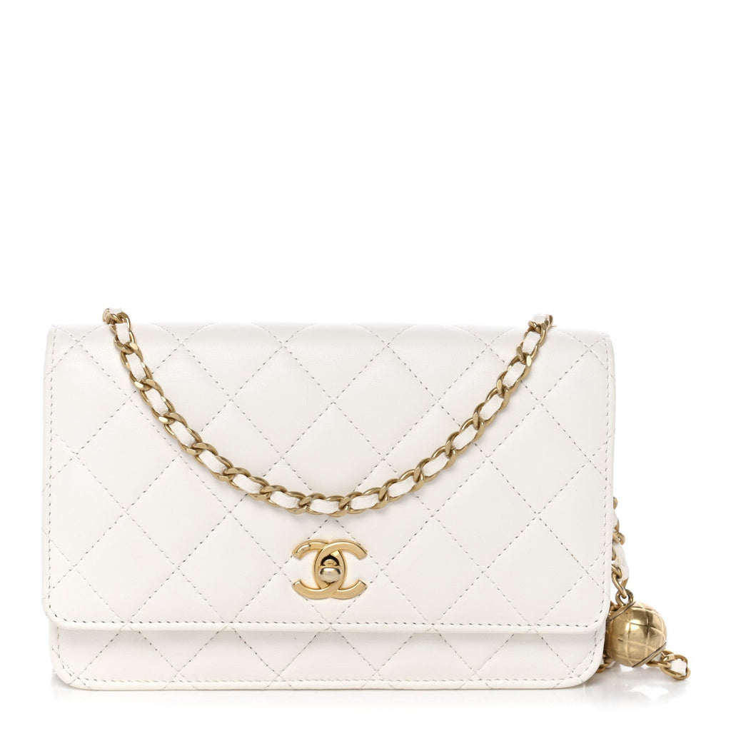 Chanel Lambskin Quilted CC Pearl Crush Wallet on Chain WOC White