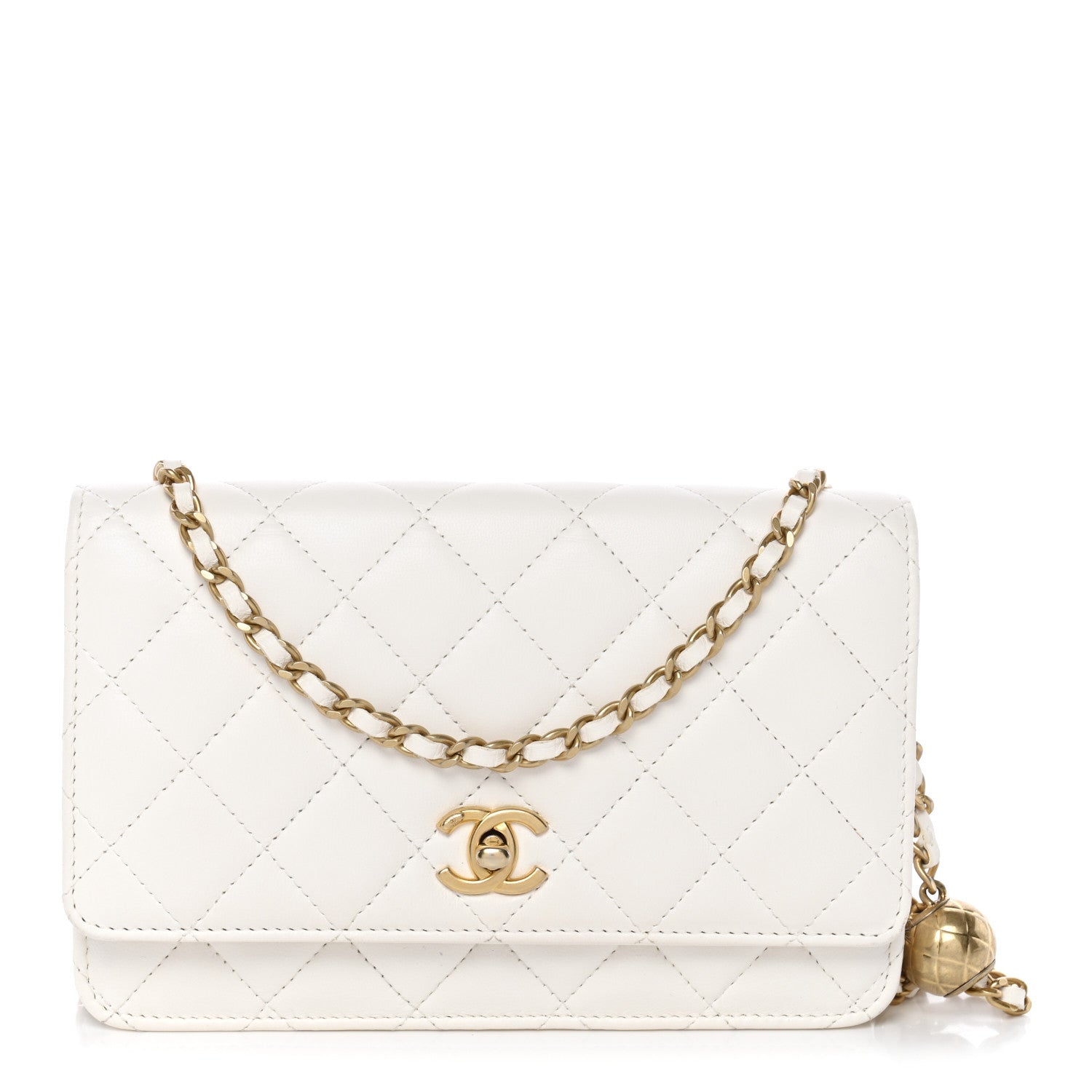 Chanel Lambskin Quilted CC Pearl Crush Wallet on Chain WOC White