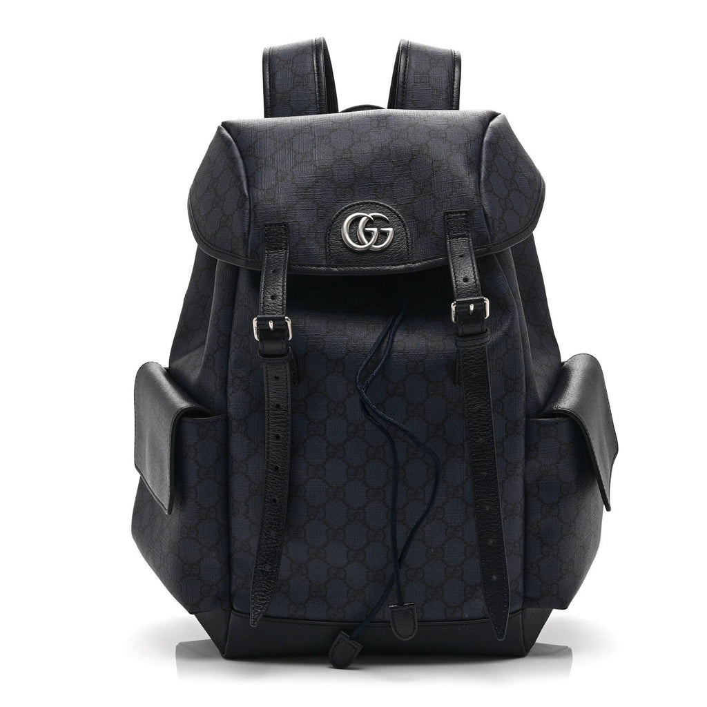 Gucci GG Supreme Monogram Textured Dollar Calfskin Medium Ophidia Double Buckle Backpack Blue Dark Blue Black