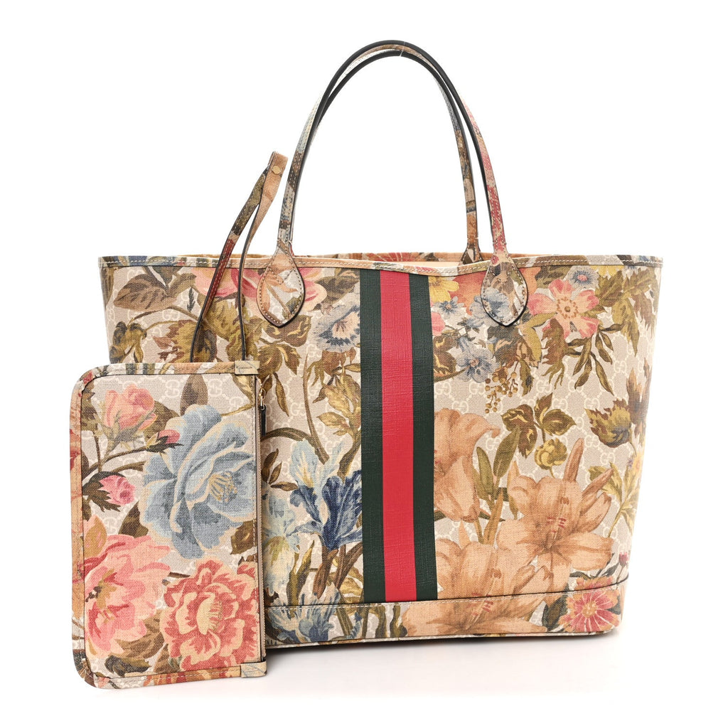 Gucci GG Supreme Monogram Water Flora Web Large Ophidia Tote Beige White Multicolor