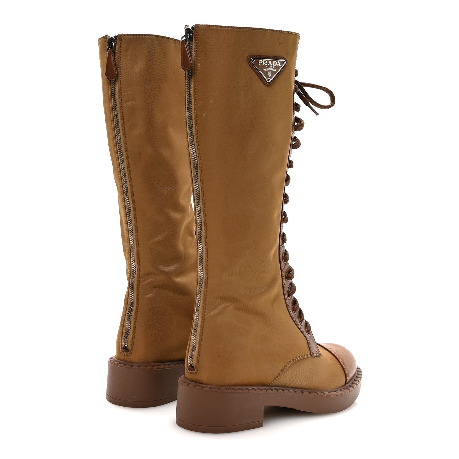 Prada Re-Nylon Spazzolato Rois Metal Triangle Logo Tall 50mm Combat Boots 35.5 Tobacco Brown