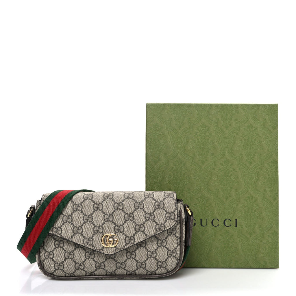 Gucci GG Supreme Monogram Textured Dollar Calfskin Web Mini Ophidia Envelope Shoulder Bag Beige Ebony New Acero