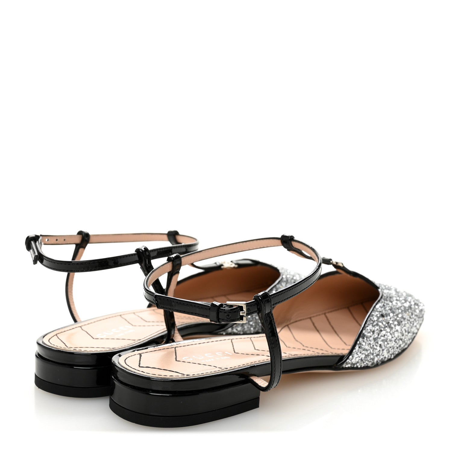 Gucci Calfskin Glitter Double G Slingback Flats 39 Silver Black