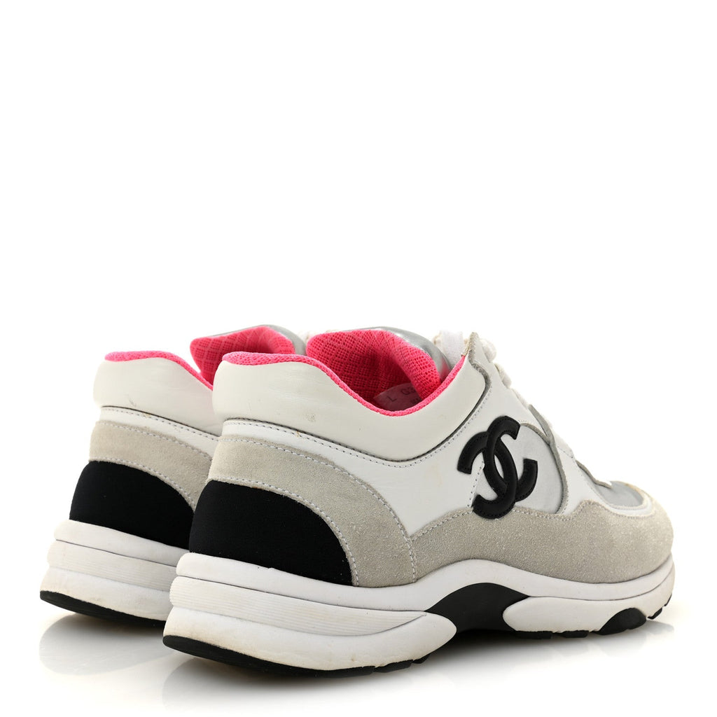 Calfskin Fabric Sneakers 36 White Silver Fluo Pink