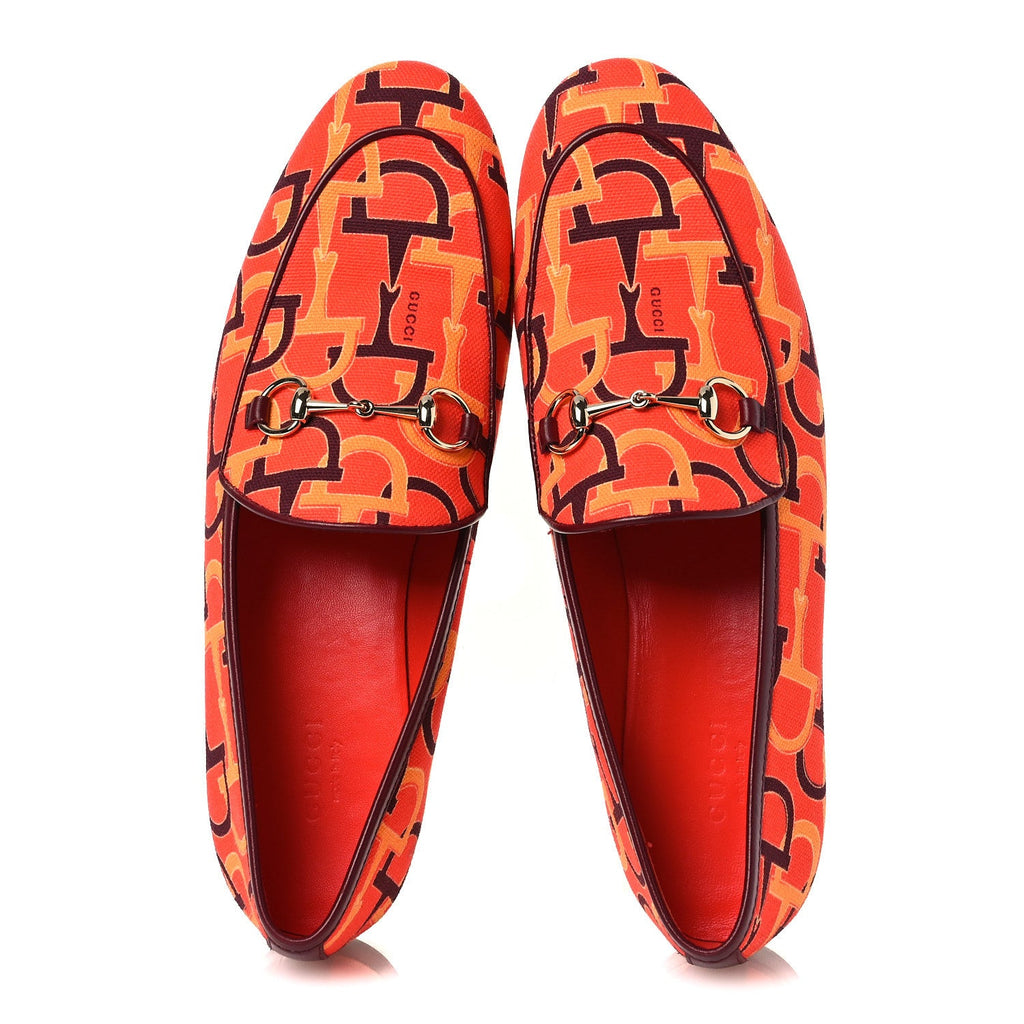 Gucci Betis Glamour Canvas Horsebit Print Womens Jordaan Loafers 39.5 Orange Red Rosso Ancora