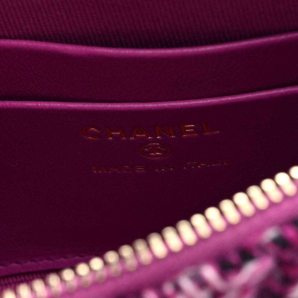 Chanel Tweed Quilted Mini Clutch With Chain Purple