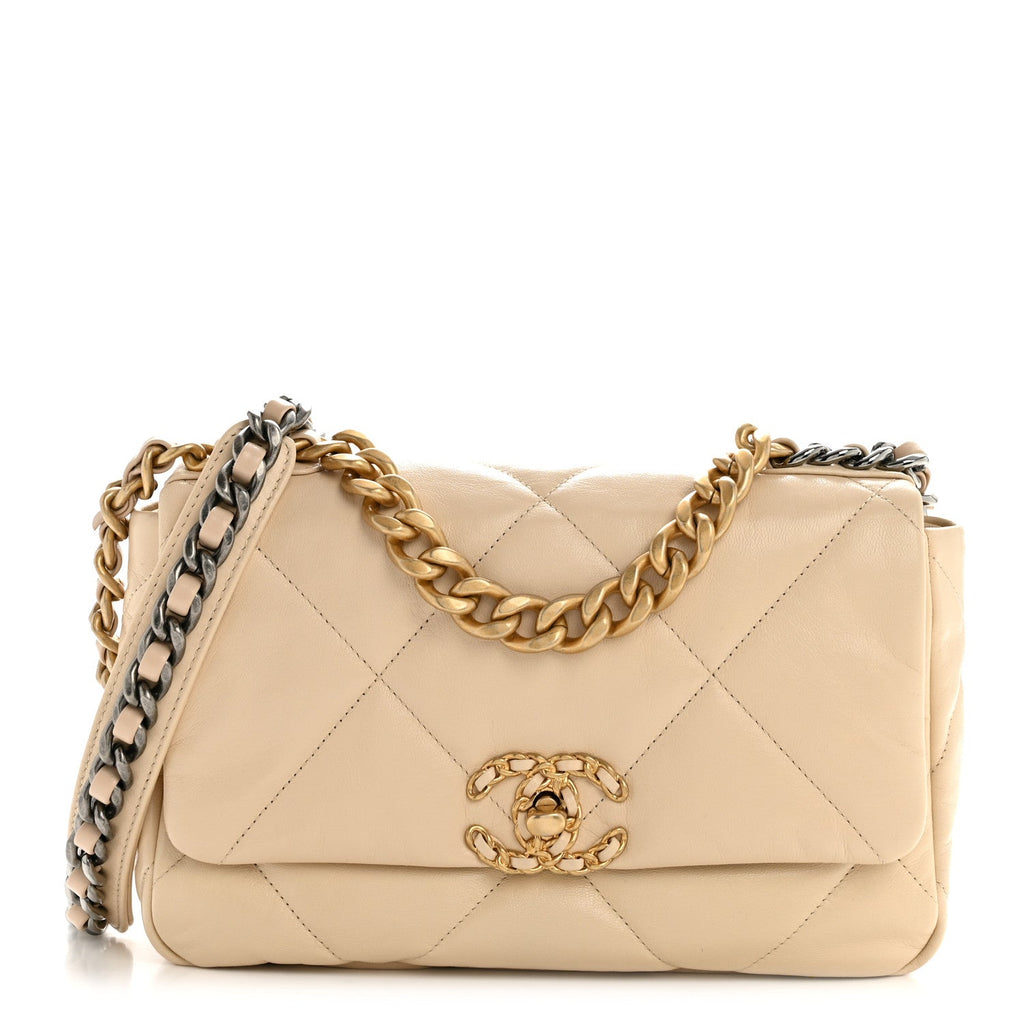 Chanel Lambskin Quilted Medium Chanel 19 Flap Beige