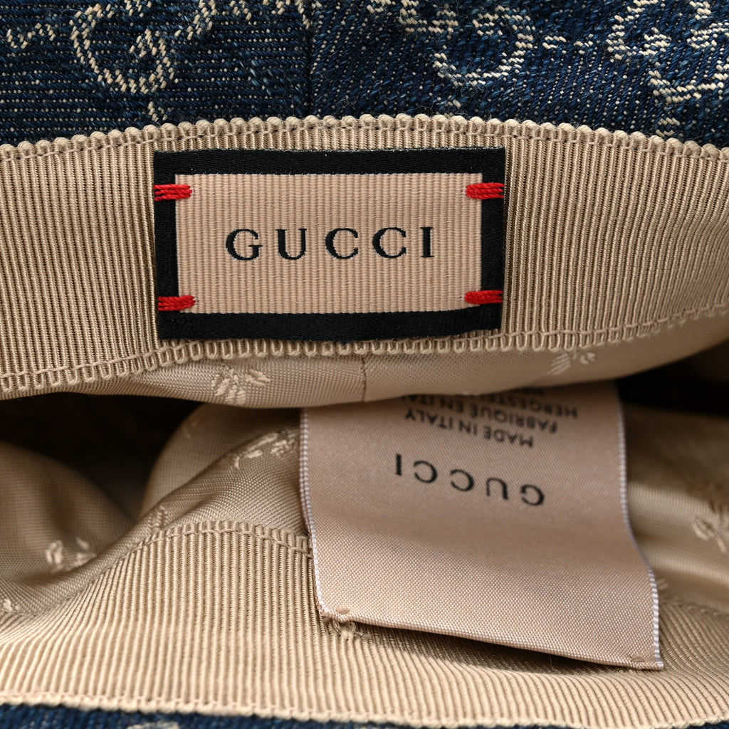 Gucci Washed Jacquard Denim Nappa GG Monogram Oscar Bucket Hat L Denim Cuir