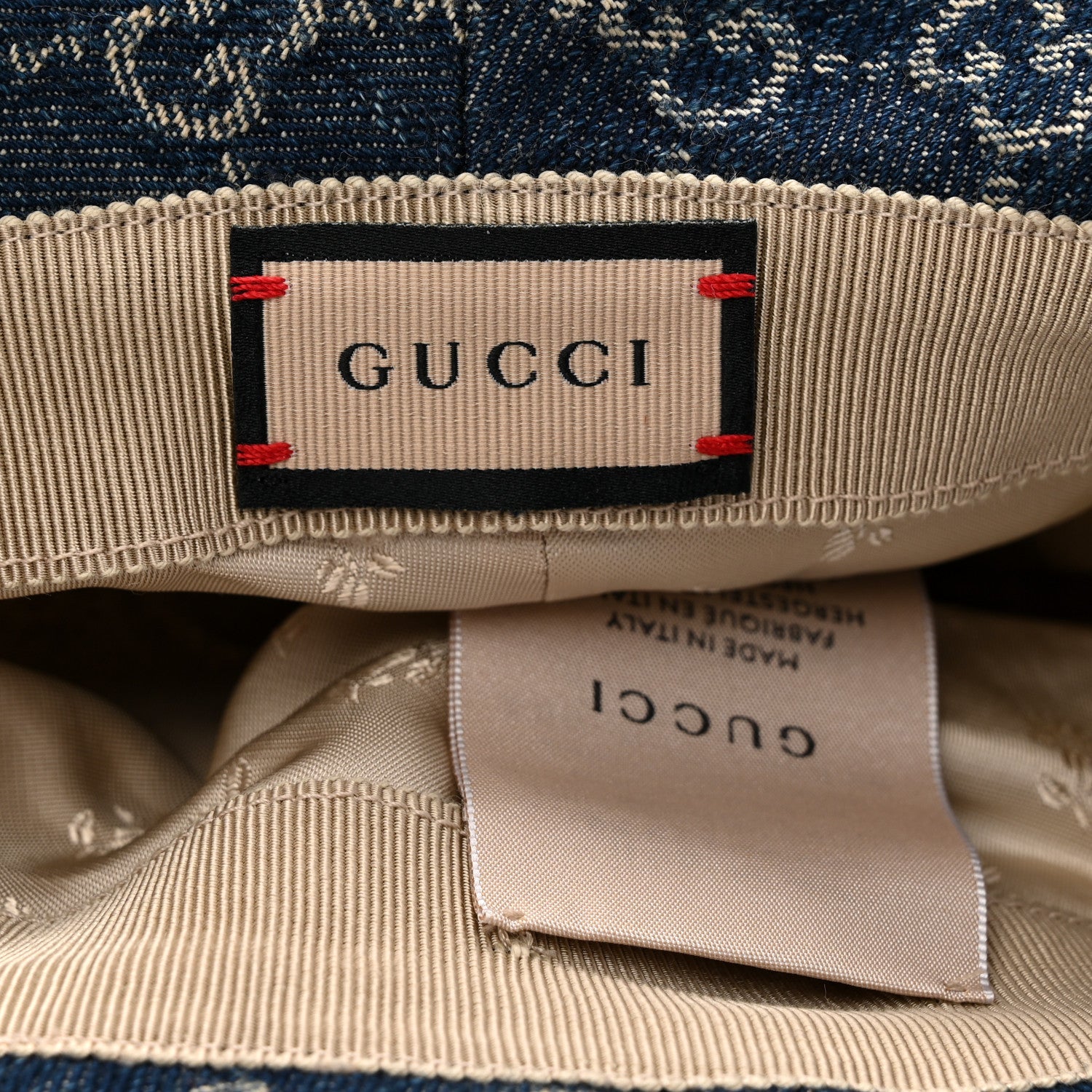 Gucci Washed Jacquard Denim Nappa GG Monogram Oscar Bucket Hat L Denim Cuir