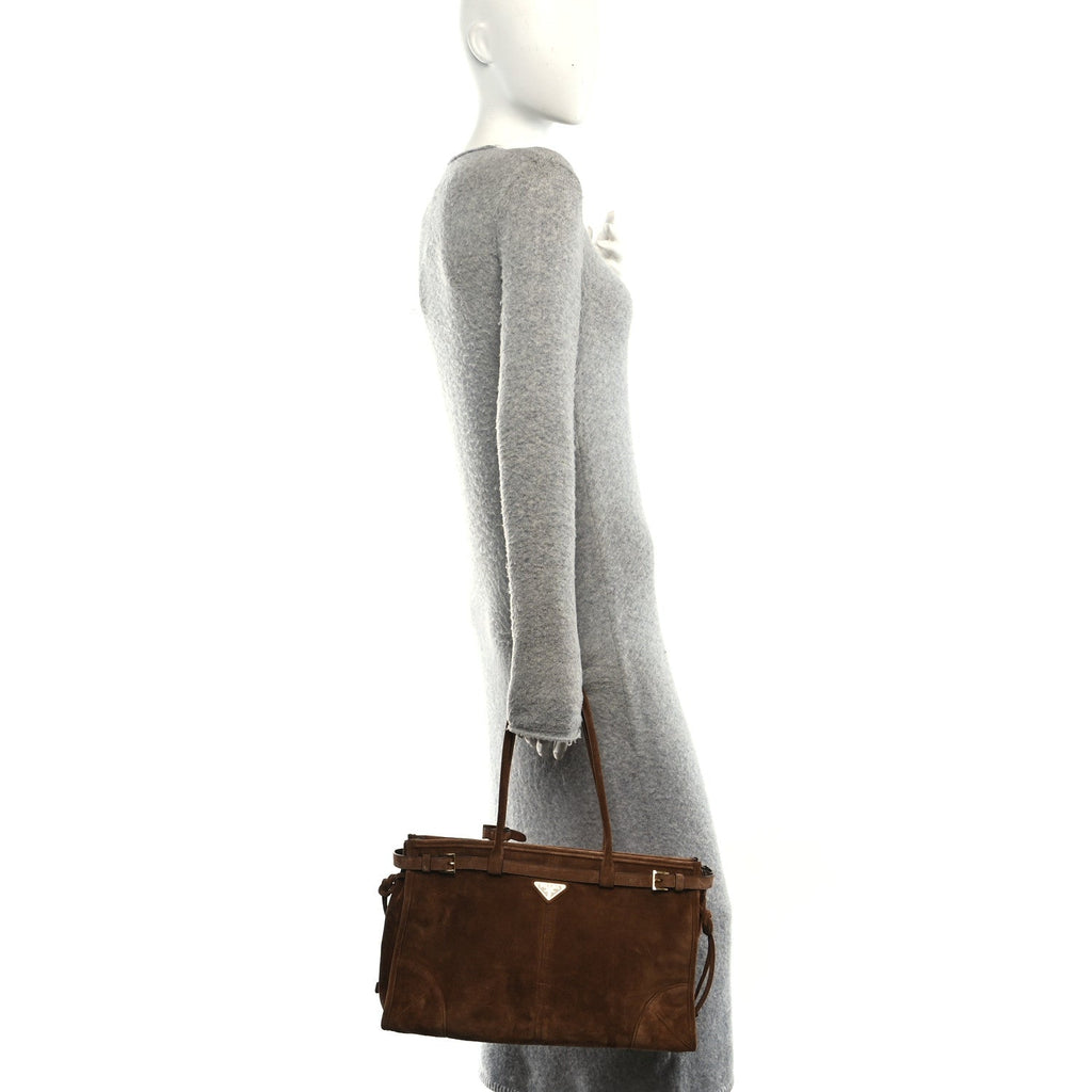 Prada Suede Large Bonnie Shoulder Bag Cacao