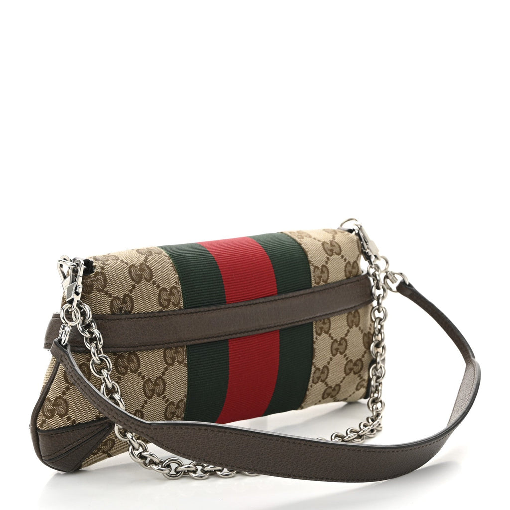 Gucci Monogram Textured Dollar Calfskin Heavy Grosgrain Web Medium Maxi Horsebit Chain Shoulder Bag Beige Ebony New Acero