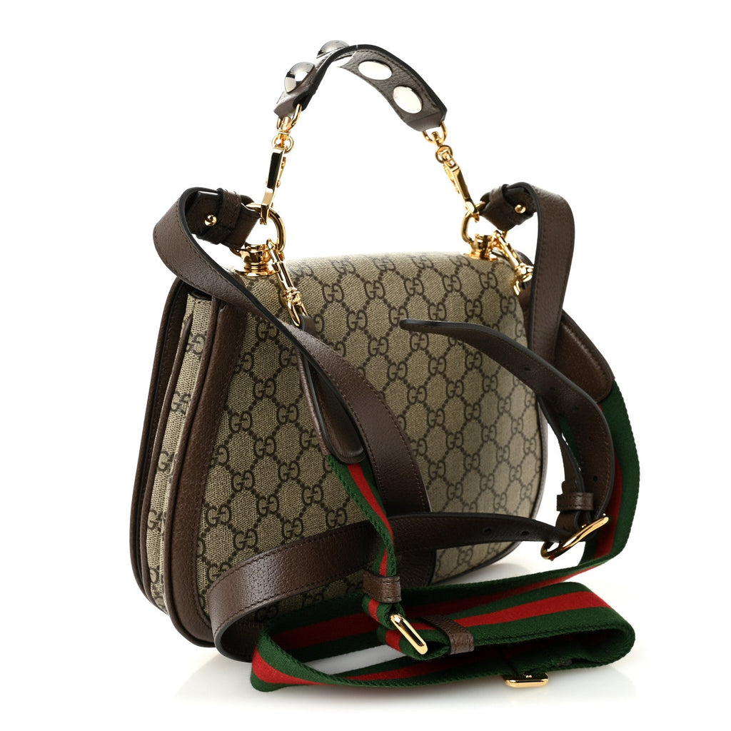 Gucci GG Supreme Monogram Textured Dollar Calfskin Web Medium Blondie Top Handle Shoulder Flap Bag Beige Ebony New Acero