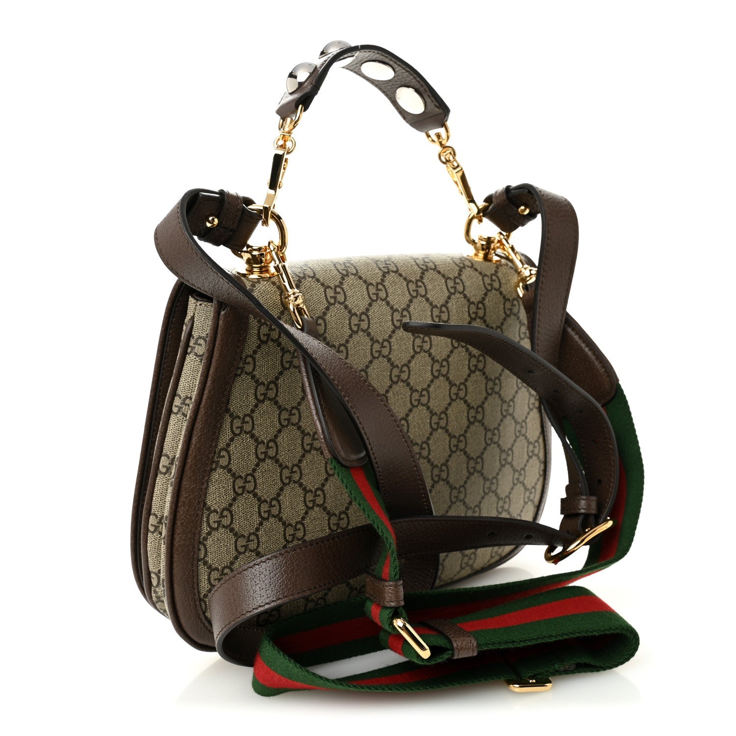 Gucci GG Supreme Monogram Textured Dollar Calfskin Web Medium Blondie Top Handle Shoulder Flap Bag Beige Ebony New Acero