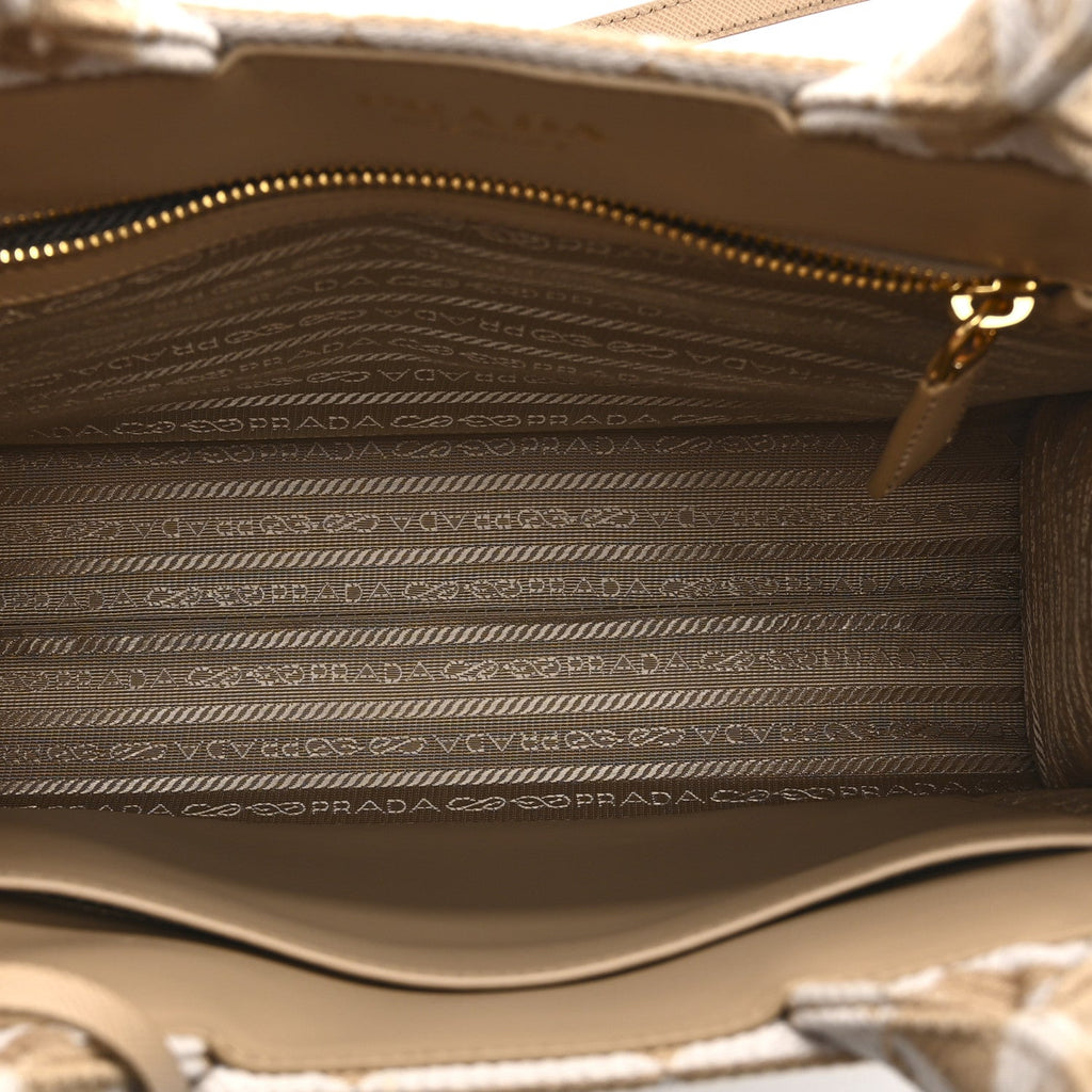 Prada Jacquard Saffiano Triangolo Symbole Embroidered Small Tote Corda Talco