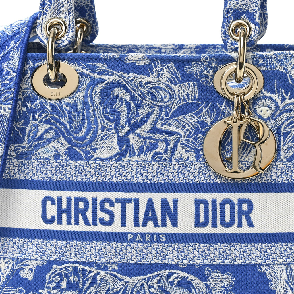 Christian Dior Canvas Toile De Jouy Reverse Embroidered Medium Lady D-Lite Fluorescent Blue