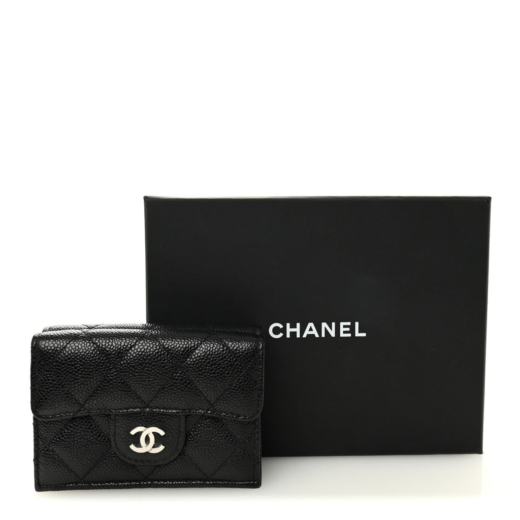 Caviar Quilted Compact Flap Wallet Black