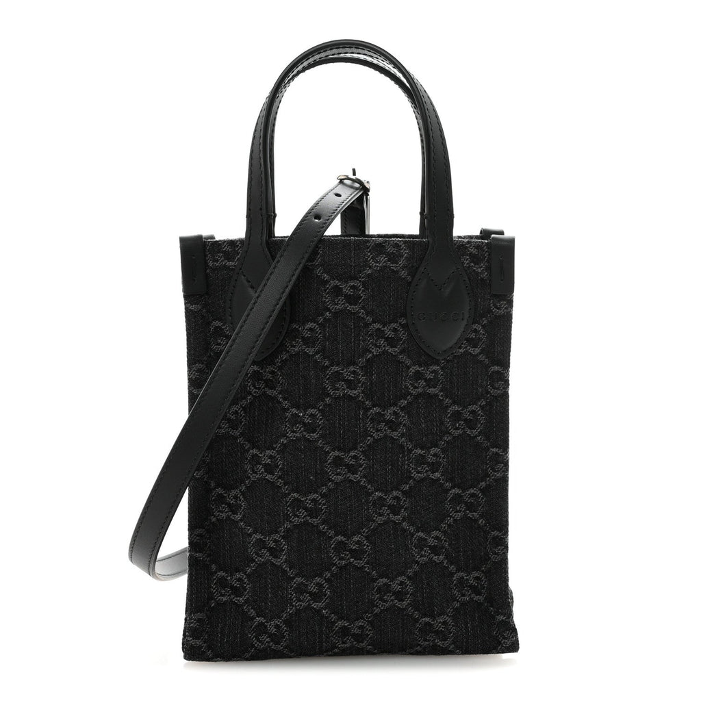 Gucci Denim Cuoio Harness GG Monogram Mini Ophidia Tote Bag  Black Medium Grey