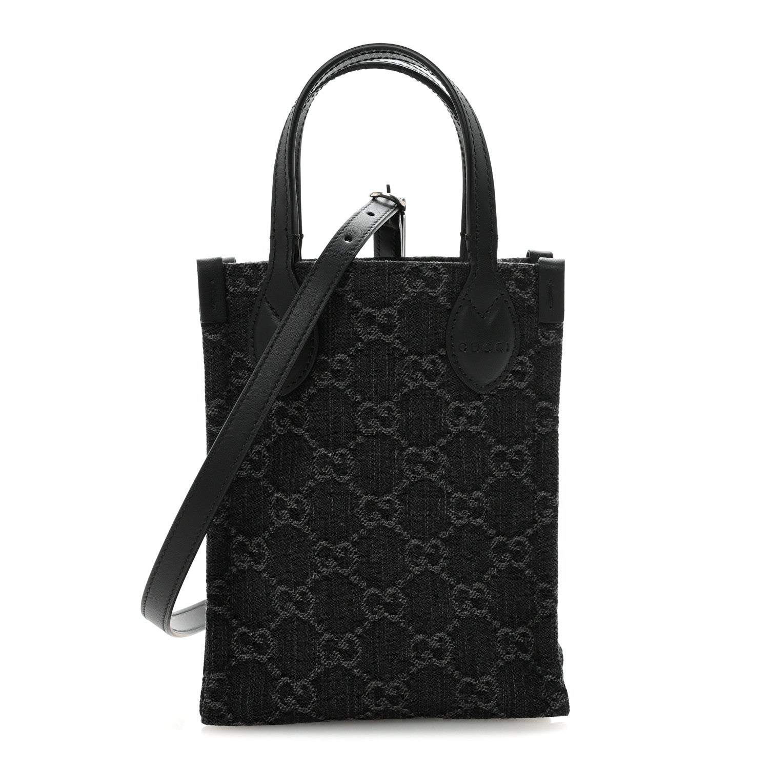 Gucci Denim Cuoio Harness GG Monogram Mini Ophidia Tote Bag  Black Medium Grey